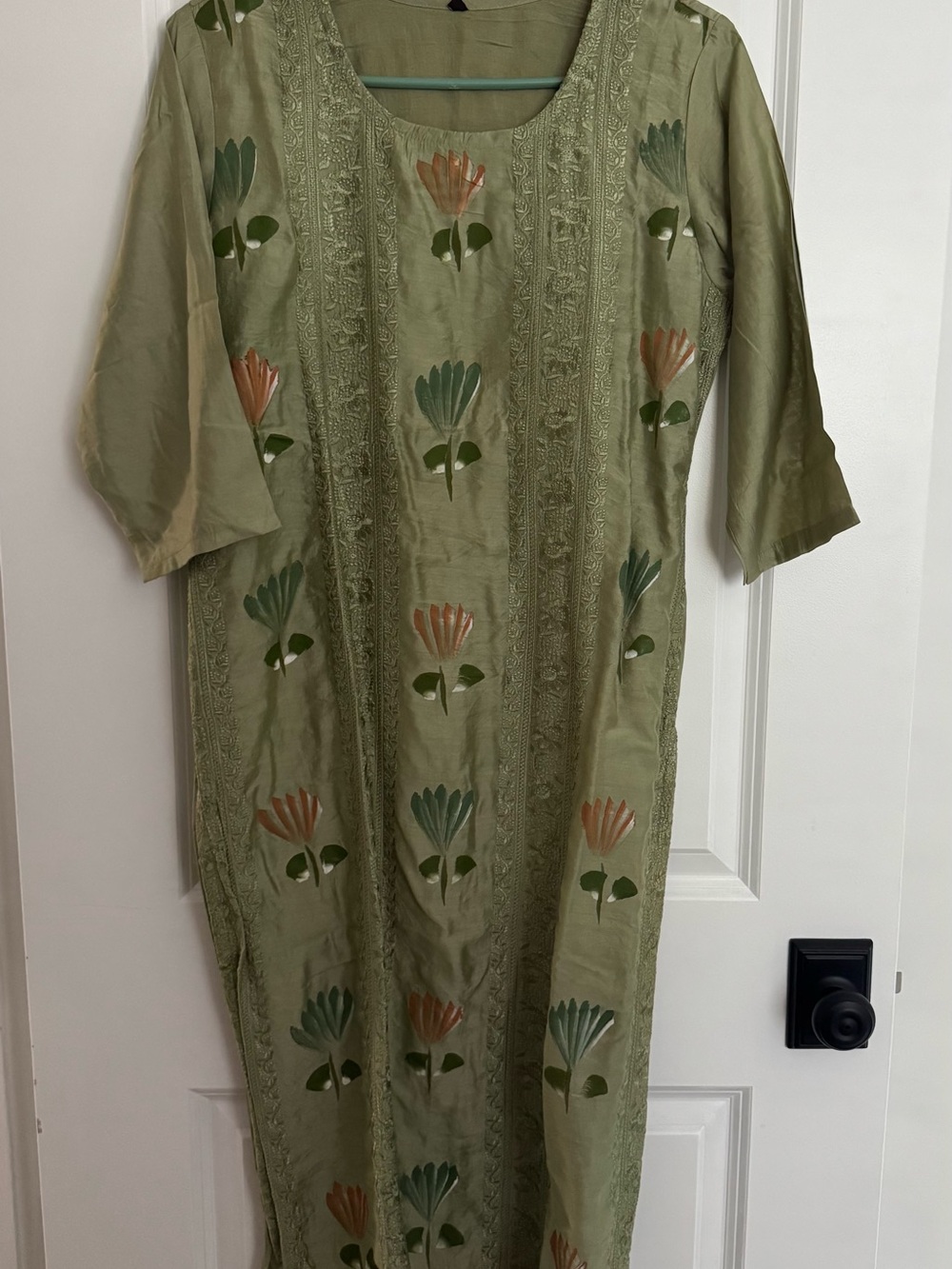 Olive Green Embroidered Floral Maxi Tunic Size M